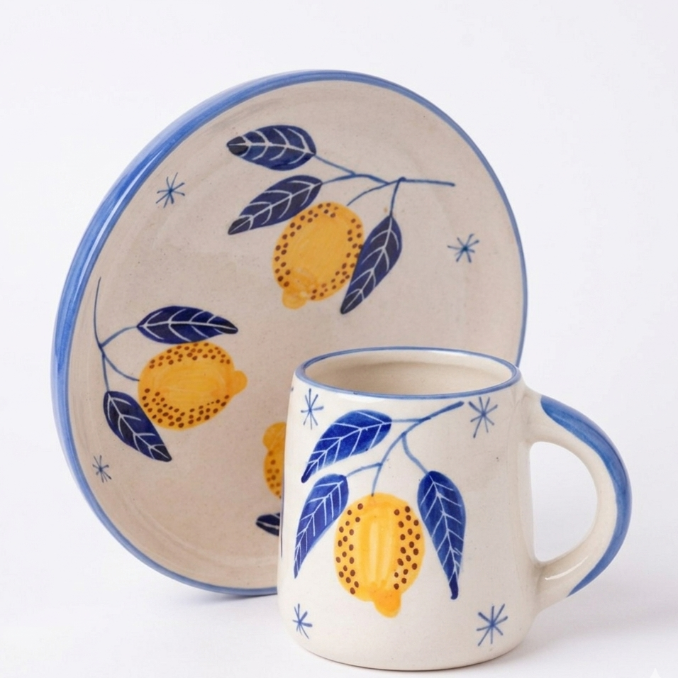 Italian Lemon Leafy Ceramic Set - Plate & Cup
