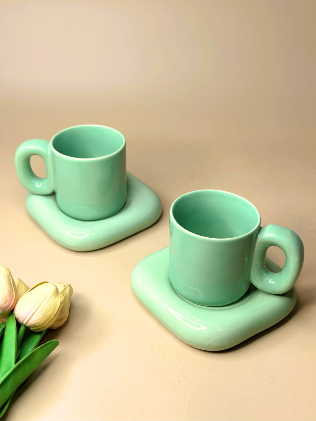 Glossy Mint Green Cup & Saucer Set - Stylish Porcelain (220ml)