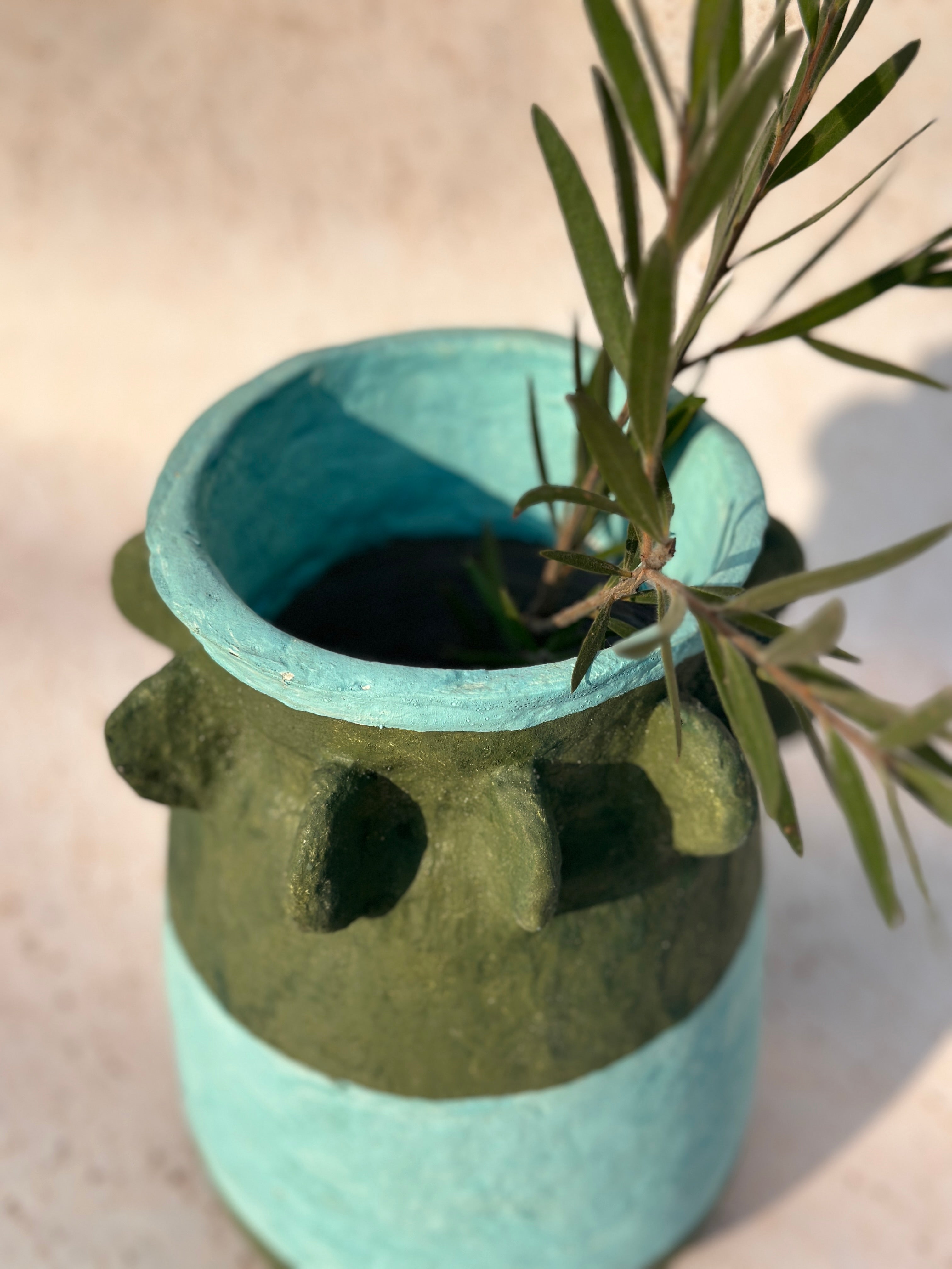 Stripe Olive Green & Sky Blue  Paper Mache Vase