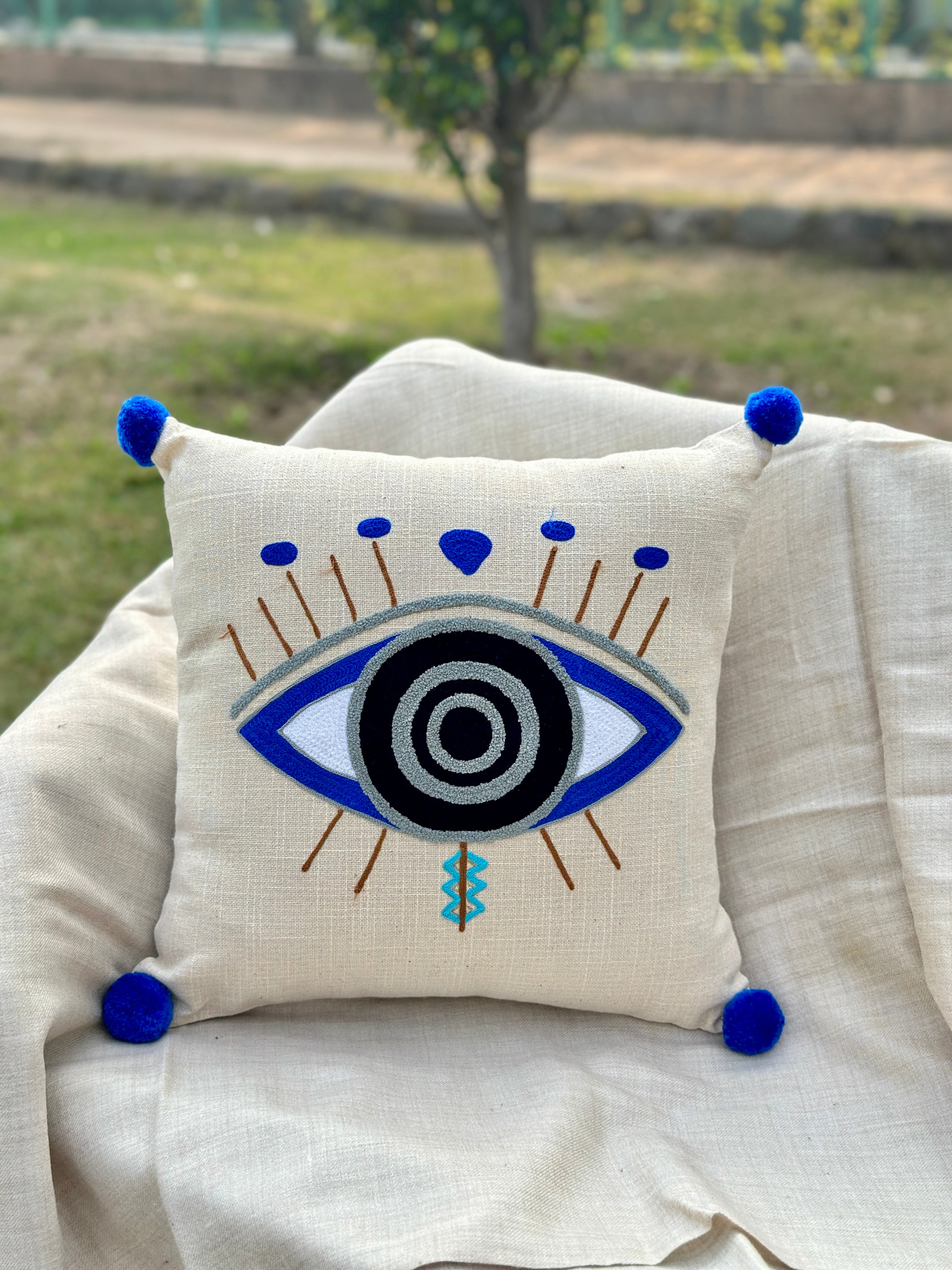 Evil Eye Blue Tufted Cushion Cover