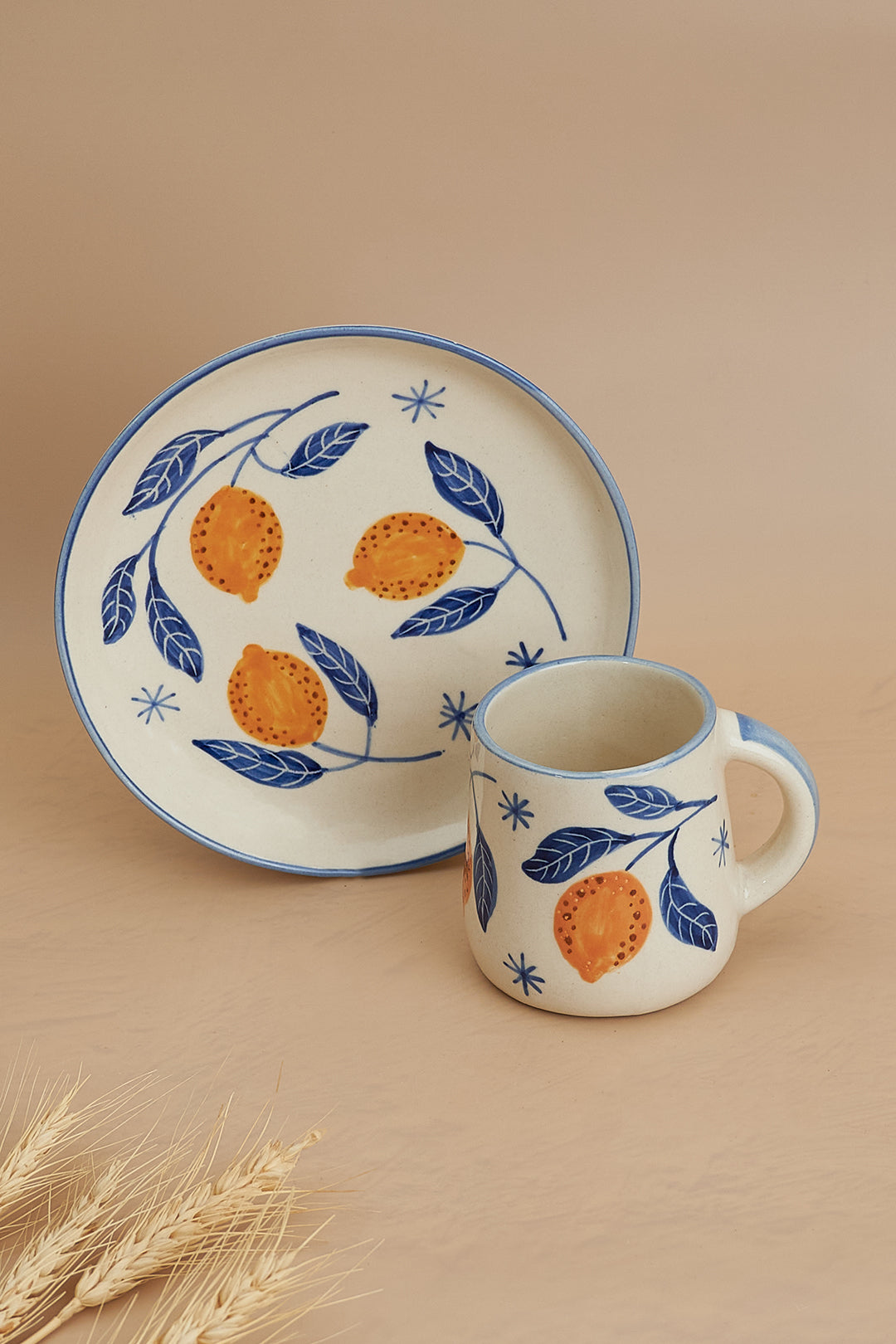 Italian Lemon Leafy Ceramic Set - Plate & Mug