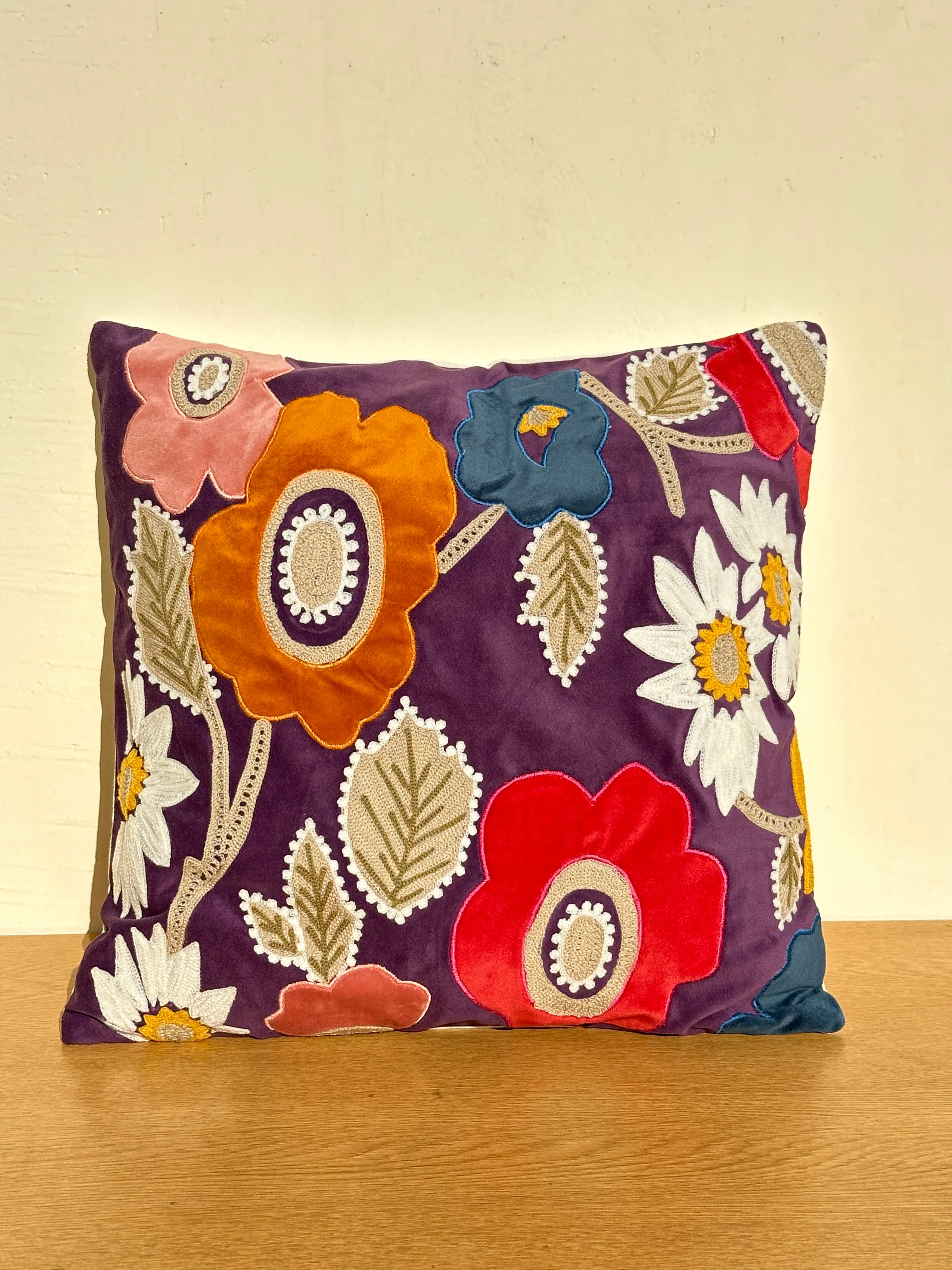 Violet Velvet Cushion Cover Applique Embroidery - 16x16 inches