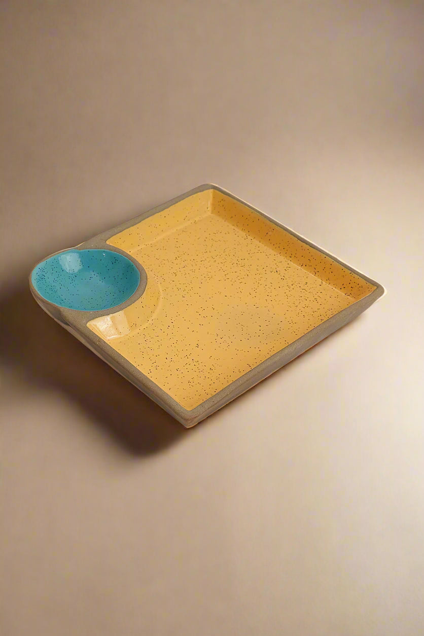 Yellow & Blue Chip & Dip Platter - Ceramic Serving Tray
