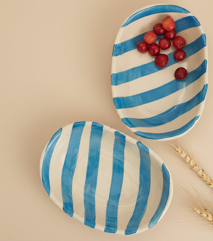 Sky Blue Stripe Handpainted Striped Ceramic Bowl