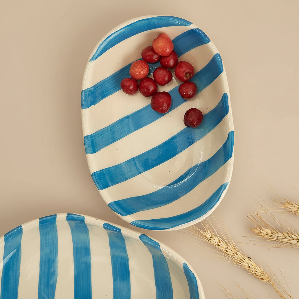 Sky Blue Stripe Handpainted Striped Ceramic Bowl