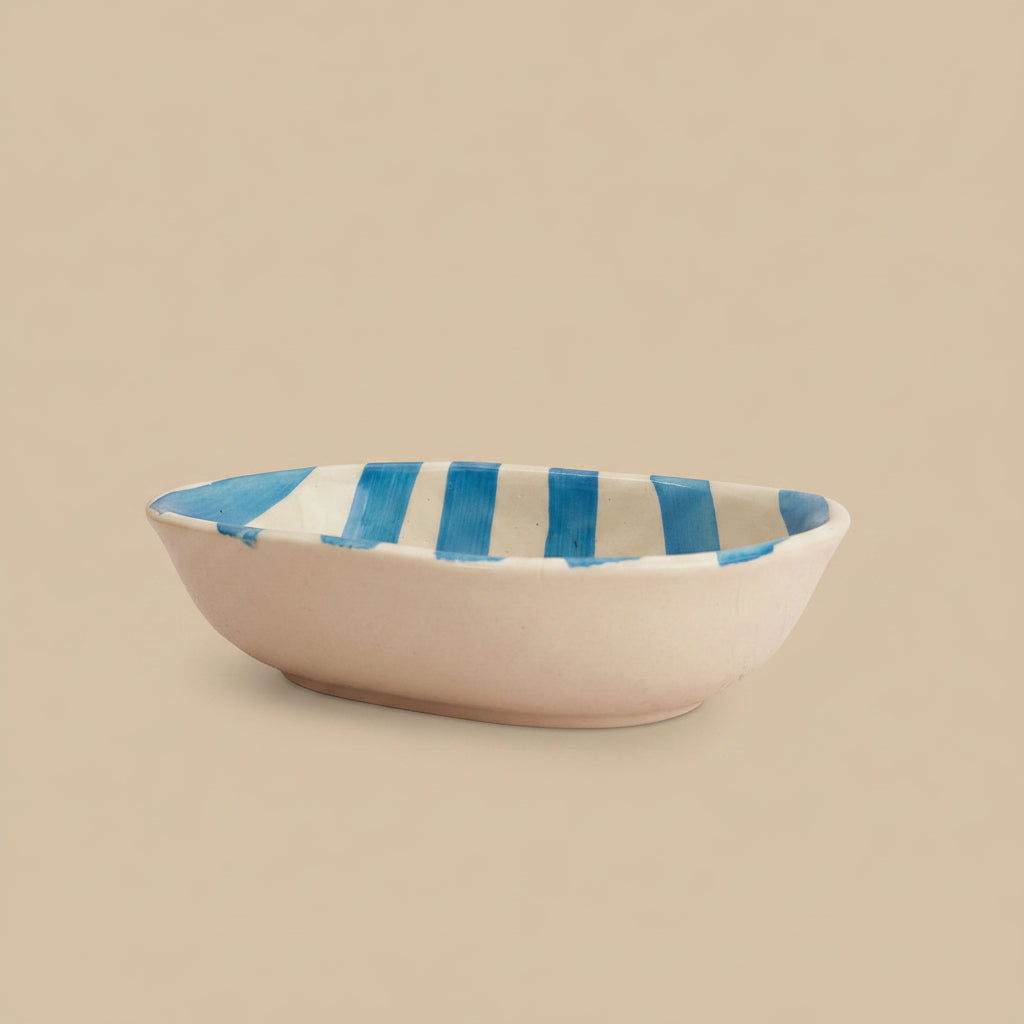 Sky Blue Stripe Handpainted Striped Ceramic Bowl