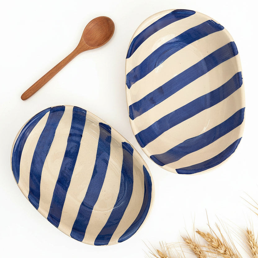 Blue Stripe Handpainted Ceramic Bowl