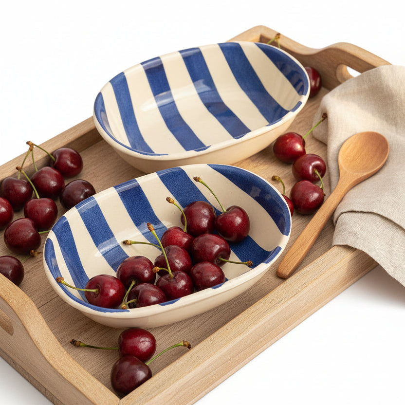 Blue Stripe Handpainted Ceramic Bowl