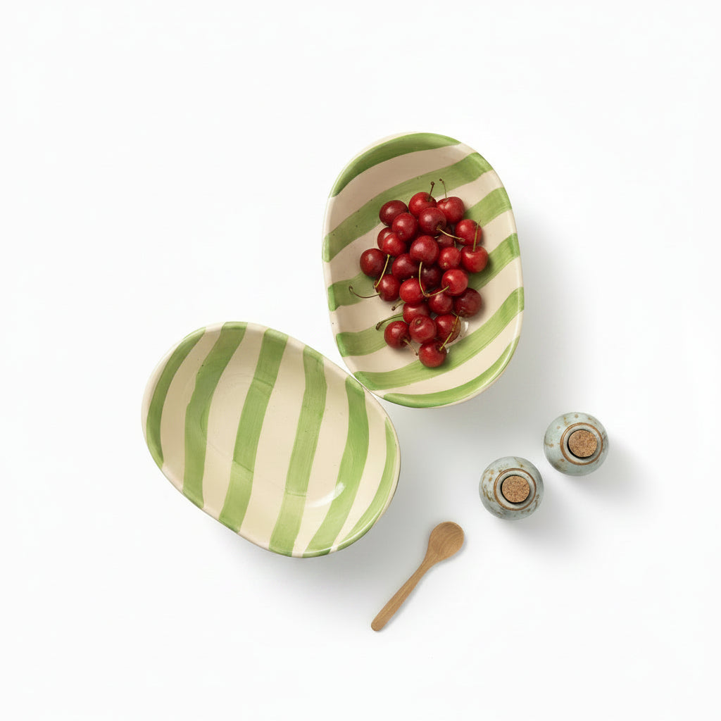 Green Stripe Handpainted Ceramic Bowl