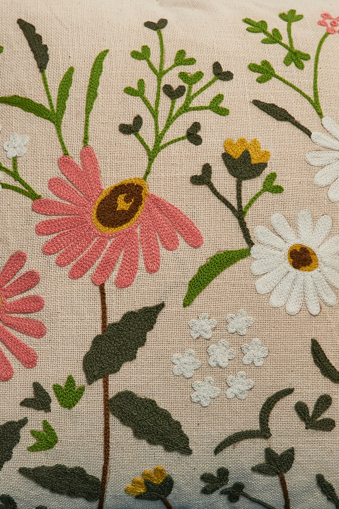 a close up of a pillow with flowers on it