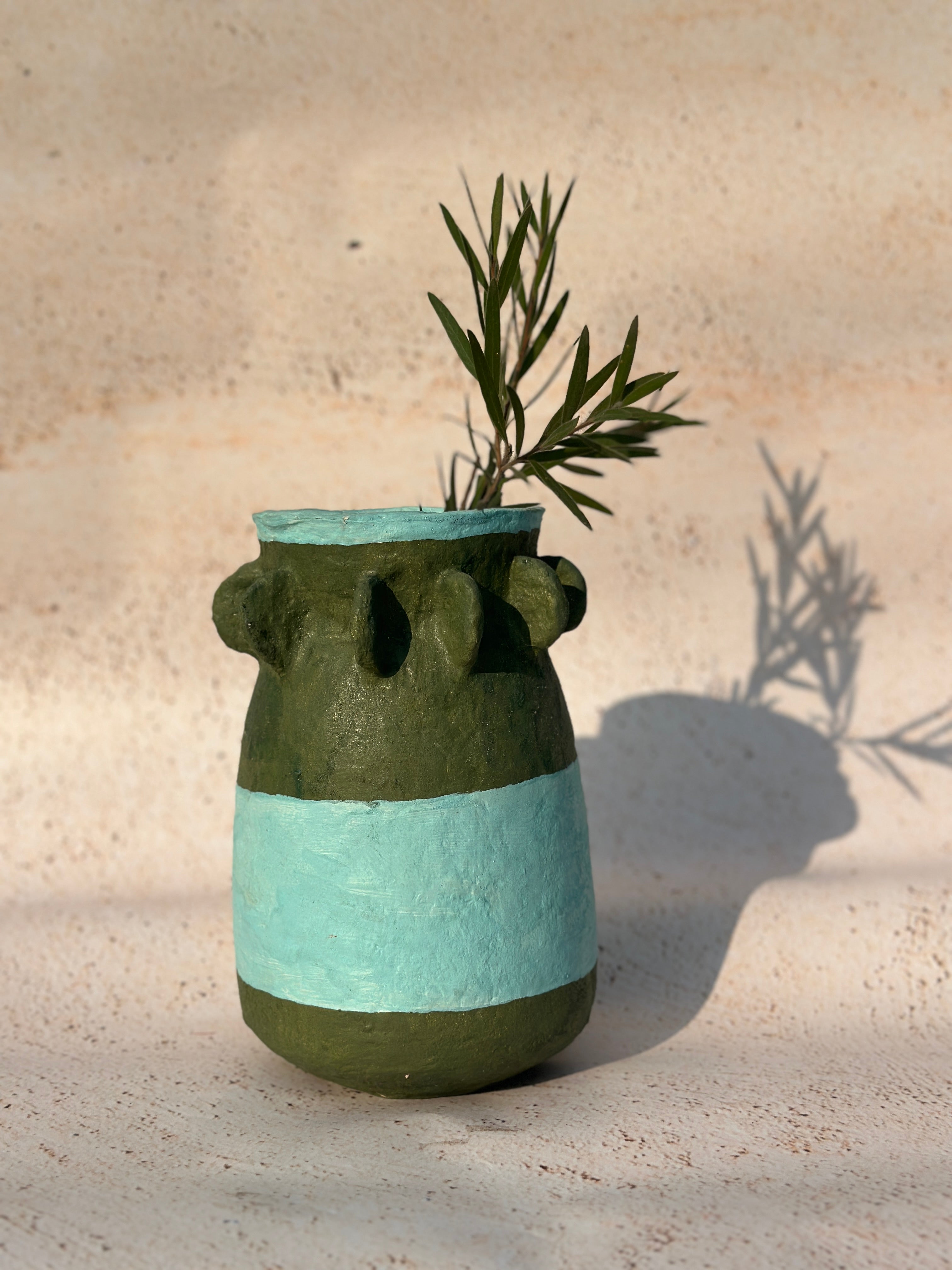 Stripe Olive Green & Sky Blue  Paper Mache Vase