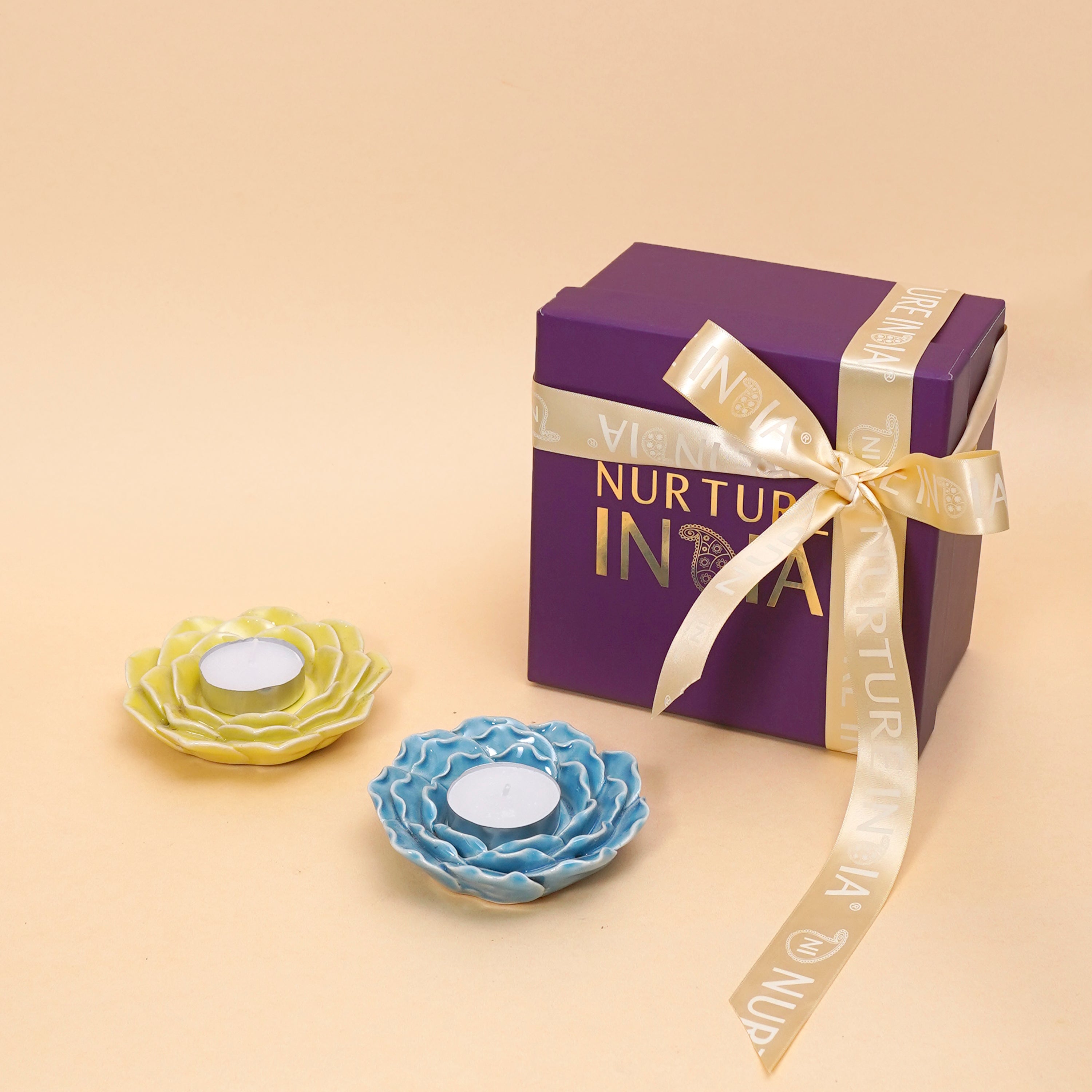 Ceramic Lotus Tealight Set of 2 Gift Box (Assorted Colours)