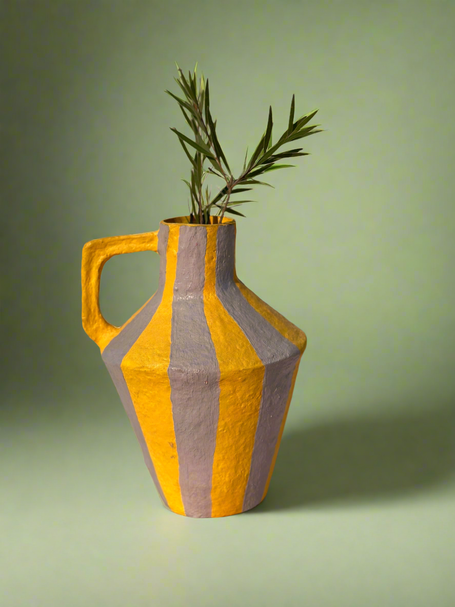 Stripe Yellow & Grey Paper Mache Vase