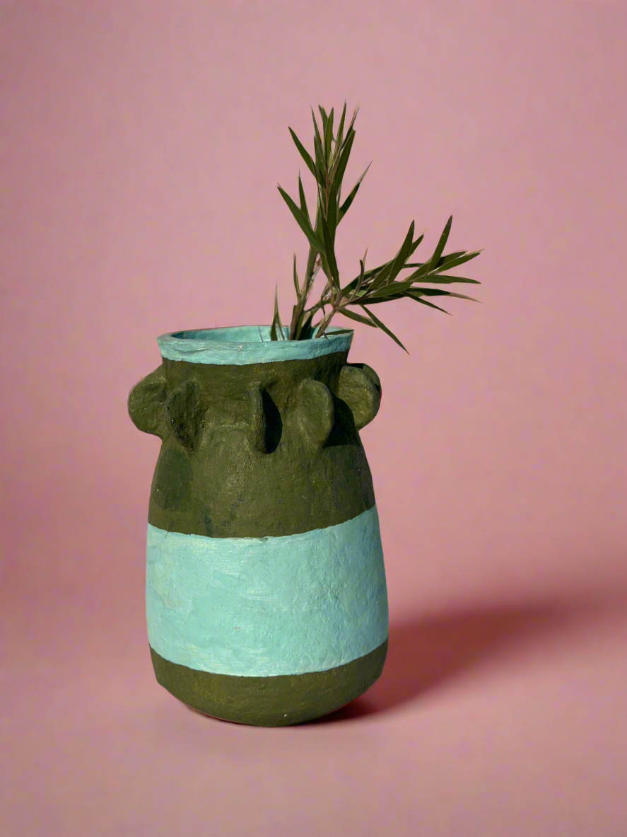 Stripe Olive Green & Sky Blue  Paper Mache Vase