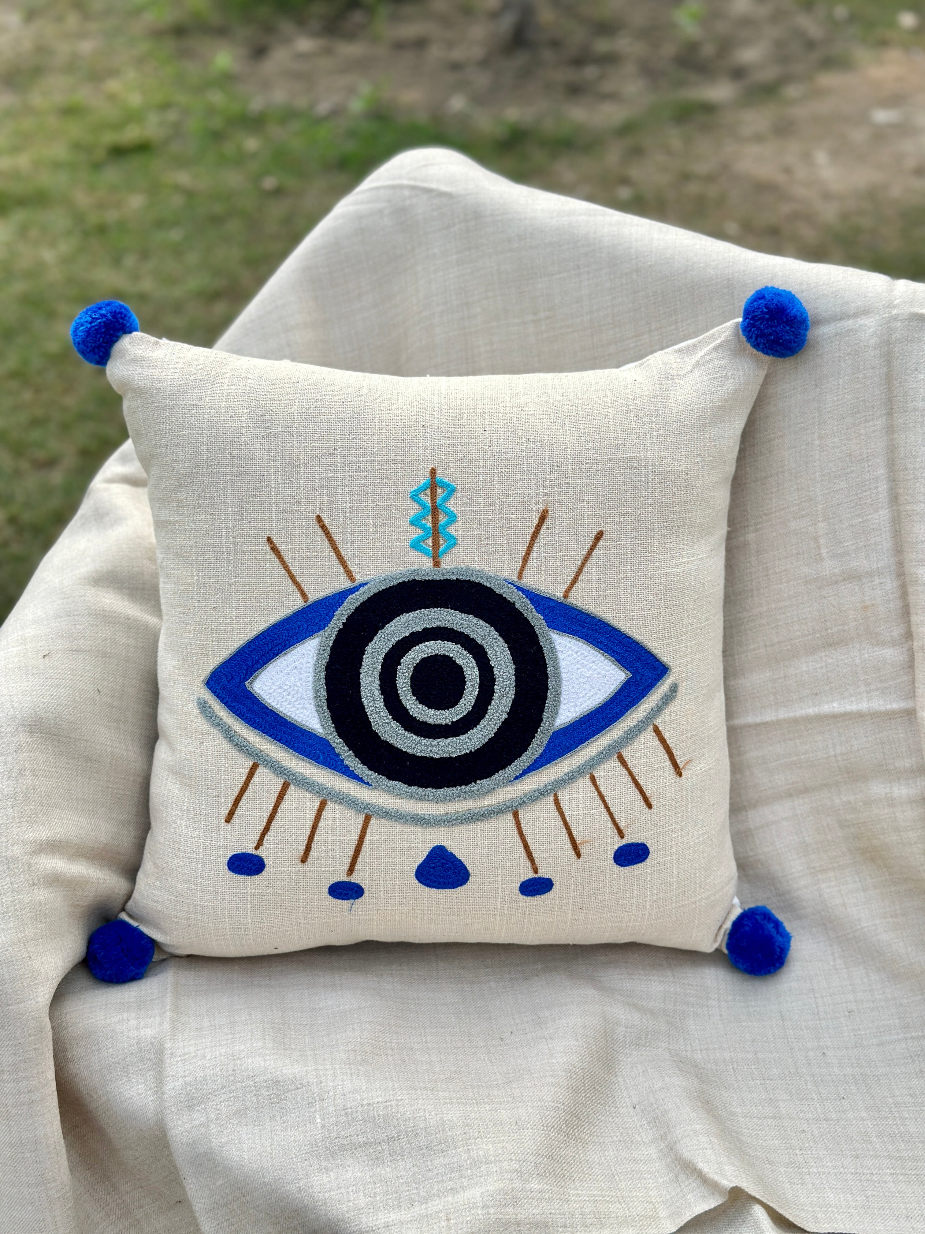 Evil Eye Blue Tufted Cushion Cover