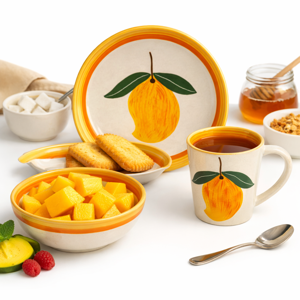 Aam Bagaan Handpainted Ceramic Breakfast Set of 3 including a plate, bowl, and mug with traditional green mango orchard patterns