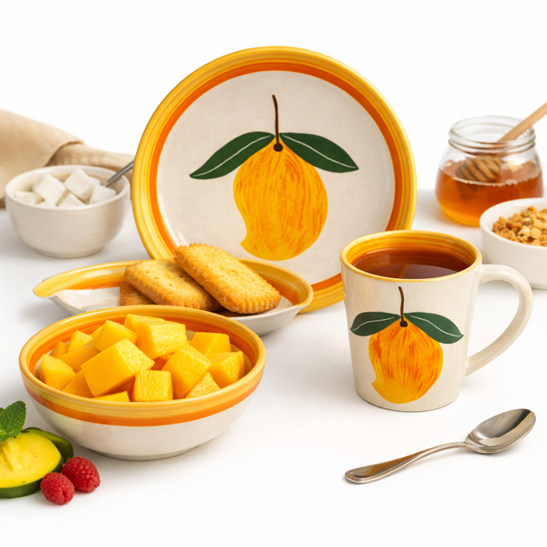Aam Bagaan Handpainted Ceramic Breakfast Set of 3 including a plate, bowl, and mug with traditional green mango orchard patterns
