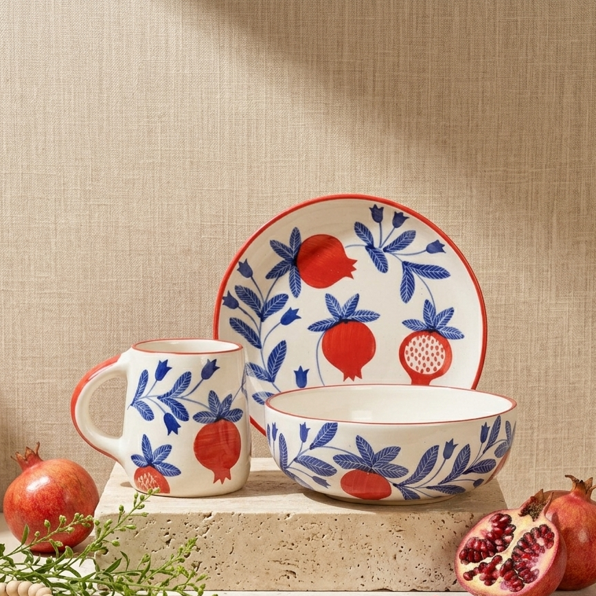 A coordinated ceramic tableware set with a plate, bowl, and mug decorated with blue floral motifs and red pomegranate illustrations on a warm off-white background. The set is styled on stone blocks with whole and halved pomegranates, greenery, and a beaded bracelet against a textured beige backdrop.