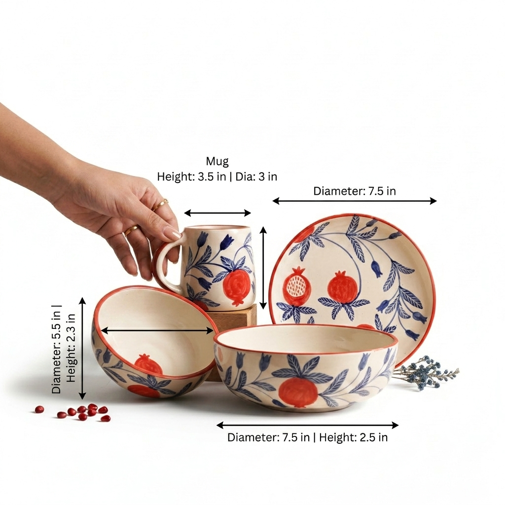 Ceramic tableware set with a mug, bowl, and plate decorated with a blue botanical leaf pattern and red pomegranate motifs on a cream background, shown with hand and dimension arrows on a white background.