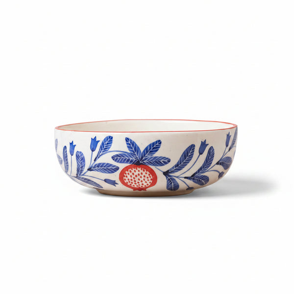 Anaar Bazaar ceramic bowl featuring an elegant hand-painted red pomegranate motif.
