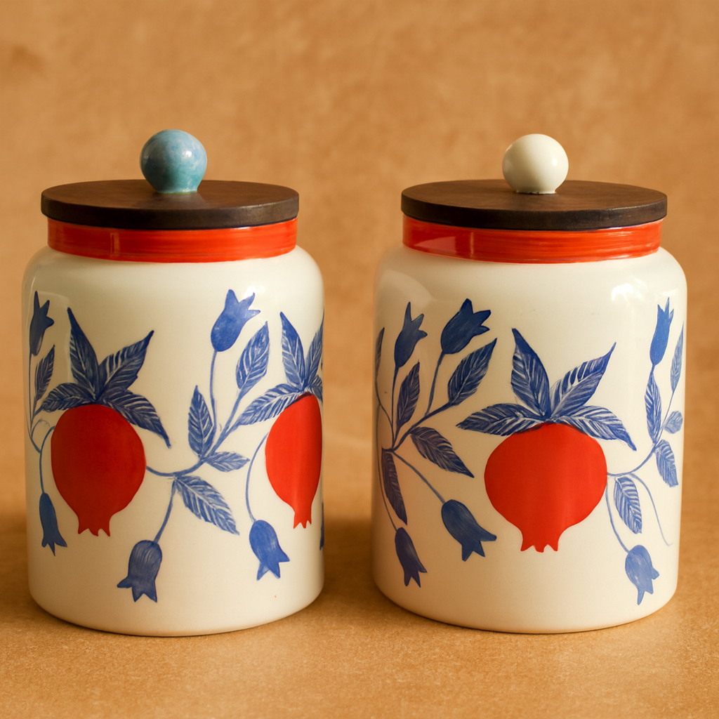 Two ceramic jars with floral designs on a beige background