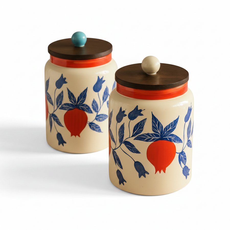 Two ceramic jars with floral and fruit design on a beige background