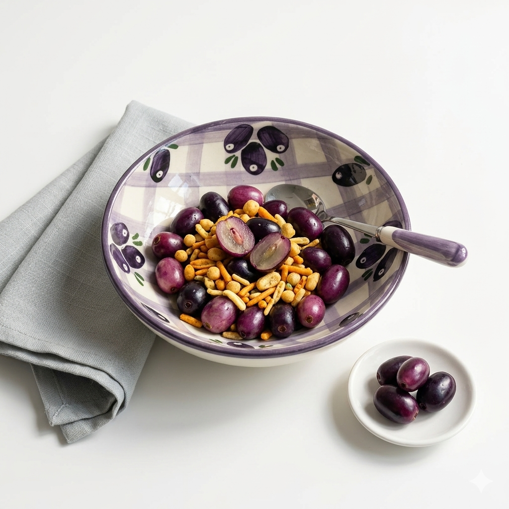 Decorative bowl with grapes and nuts on a light surface with a gray napkin.