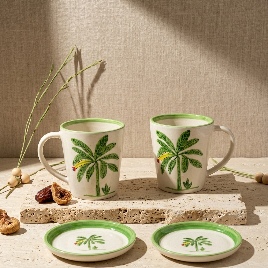 Two ceramic mugs and two matching coasters with green palm tree illustrations, styled on a stone slab with dried figs and grass against a textured beige wall.