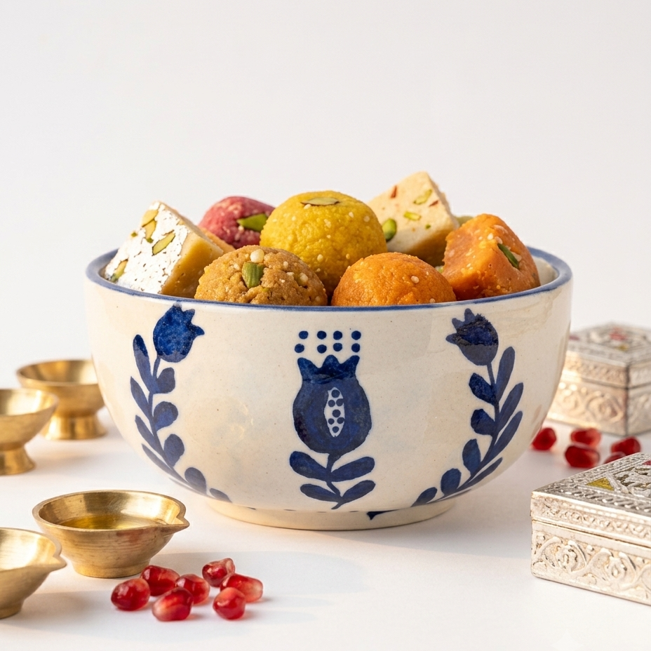 A white ceramic bowl with blue floral patterns filled with colorful Indian sweets, set on a white surface with decorative brass bowls, pomegranate seeds, and silver boxes.