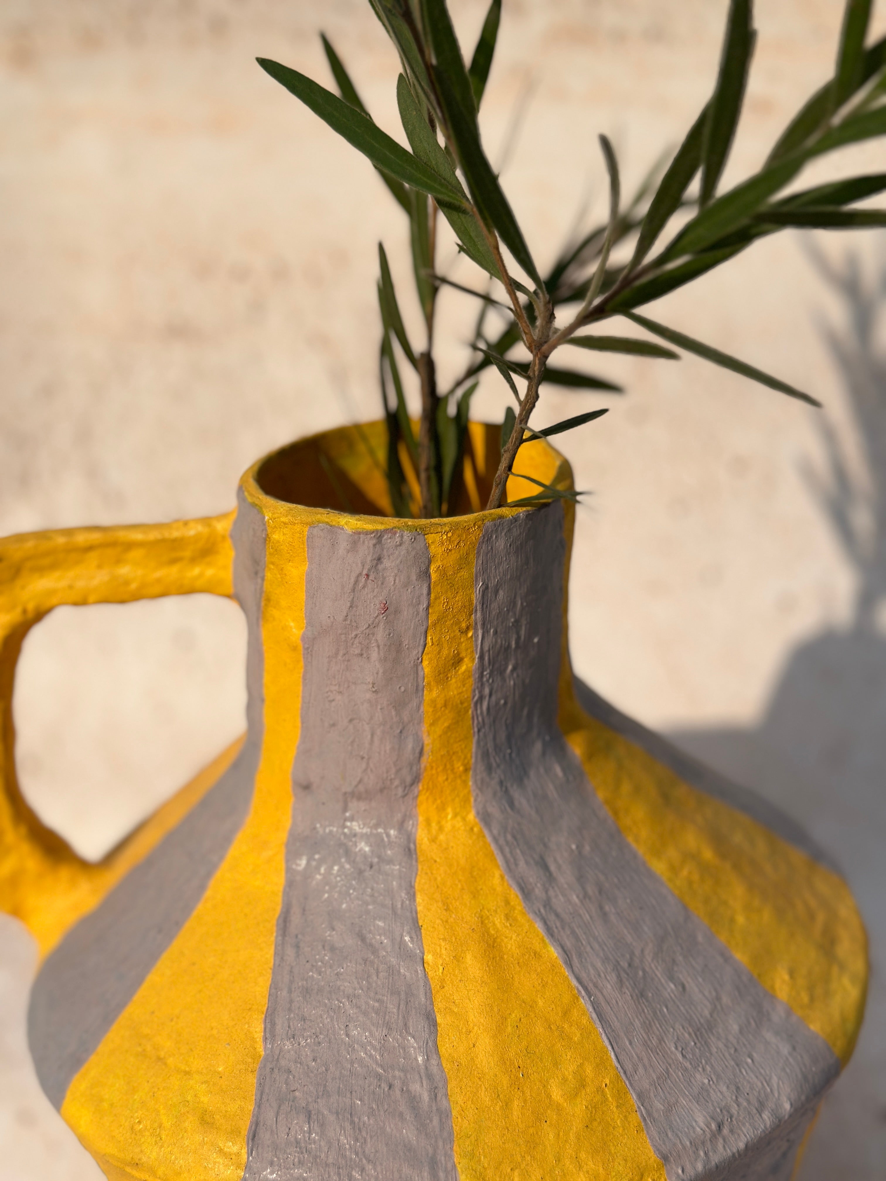 Stripe Yellow & Grey Paper Mache Vase