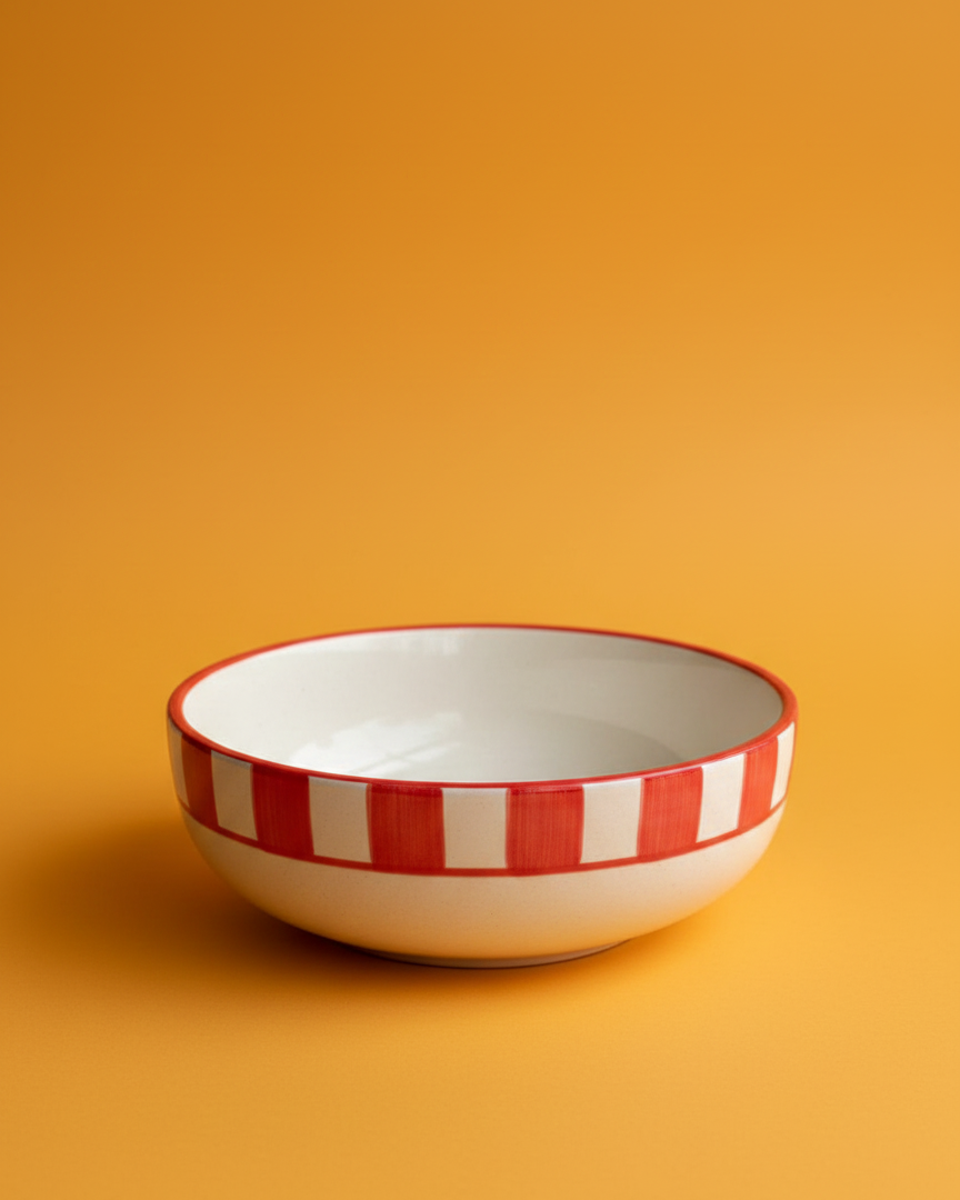 Ceramic bowl with red and white striped rim on an orange background