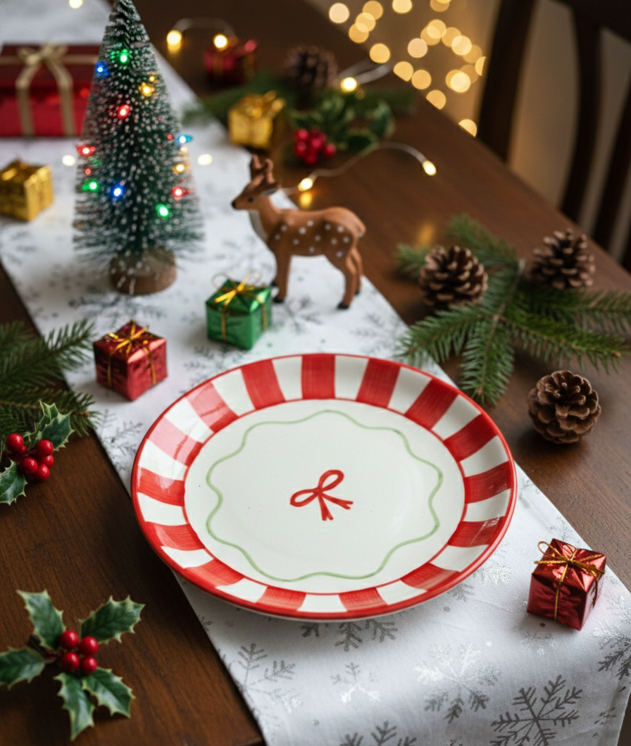 Decorative Christmas table setting with a red and white striped plate, small tree, and ornaments.