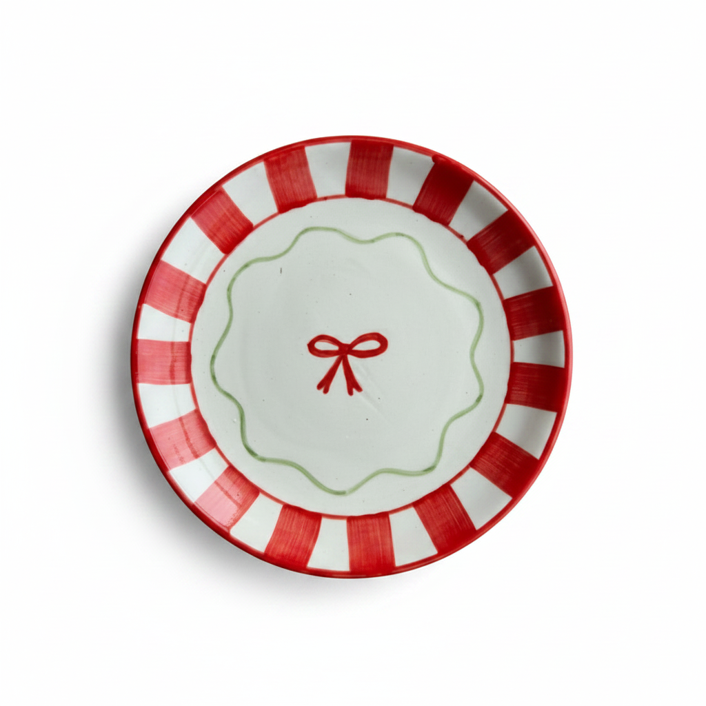 Decorative plate with red and white stripes and a red bow on an orange background