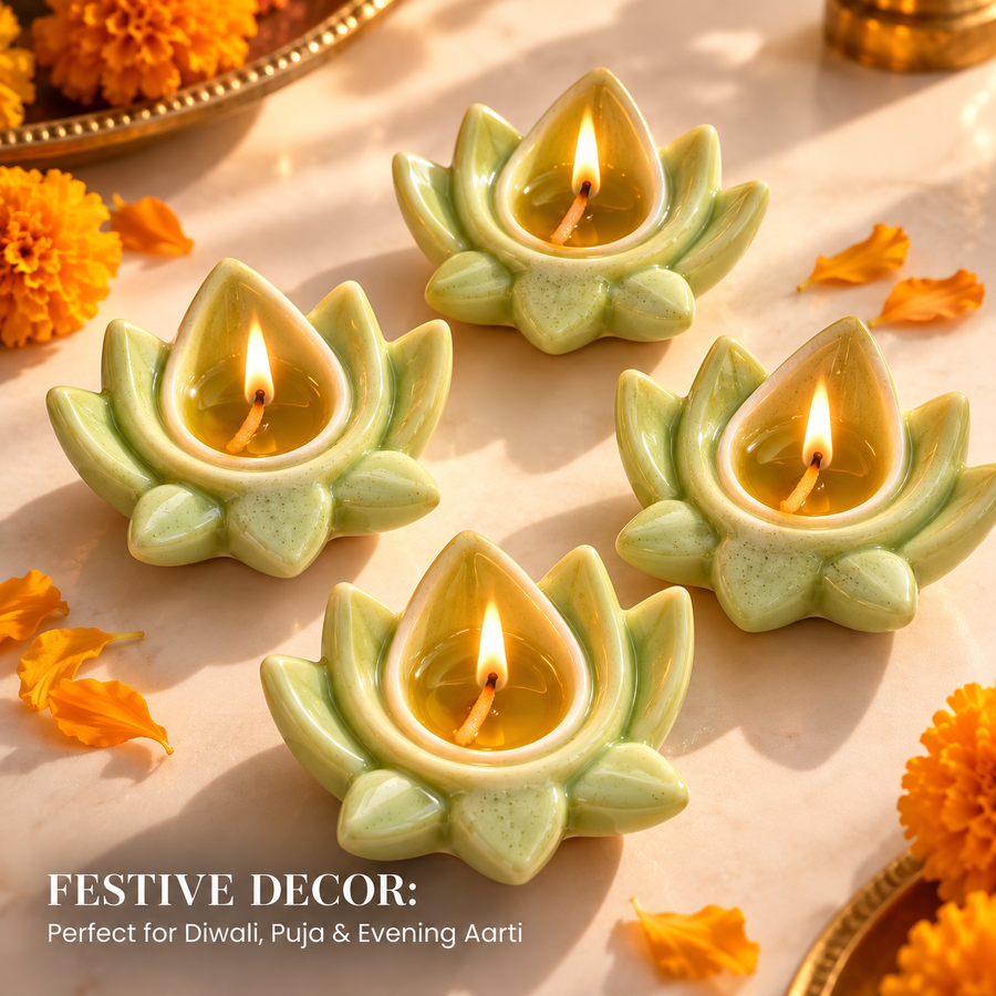 Green Lotus Ceramic Diya's Set of 4