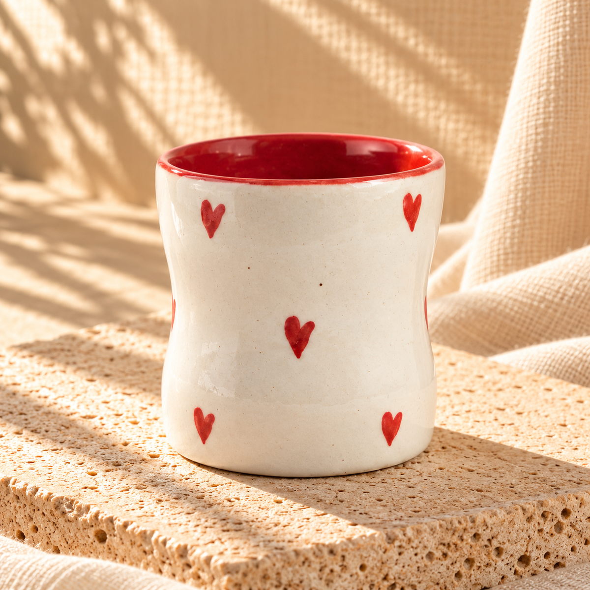 Handcrafted Ceramic Coffee Tumbler with Red Hearts
