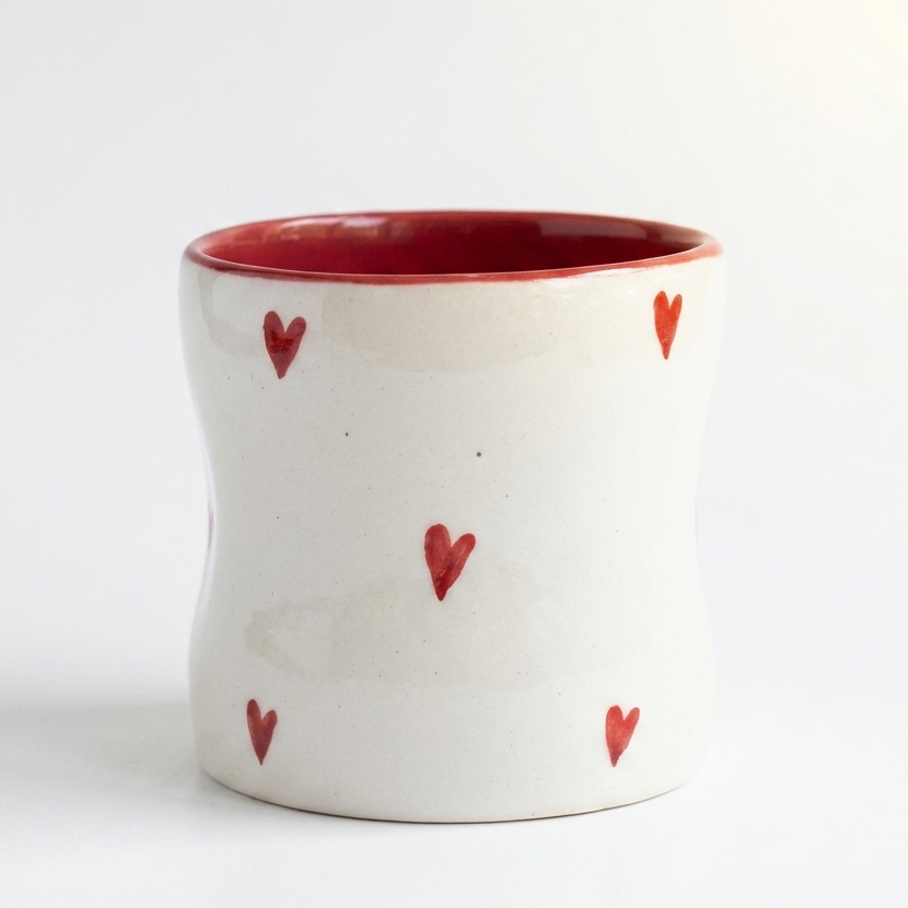 Handcrafted Ceramic Coffee Tumbler with Red Hearts