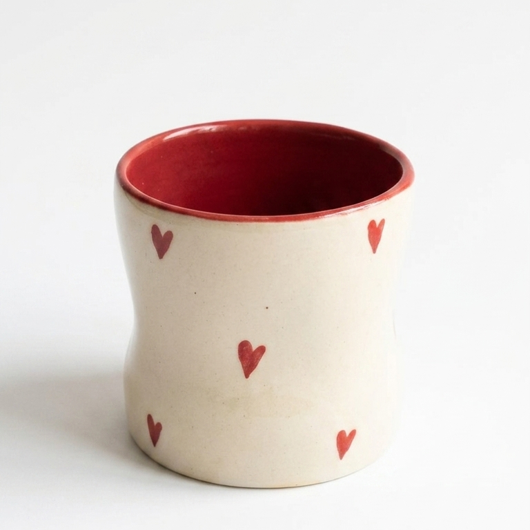 Handcrafted Ceramic Coffee Tumbler with Red Hearts
