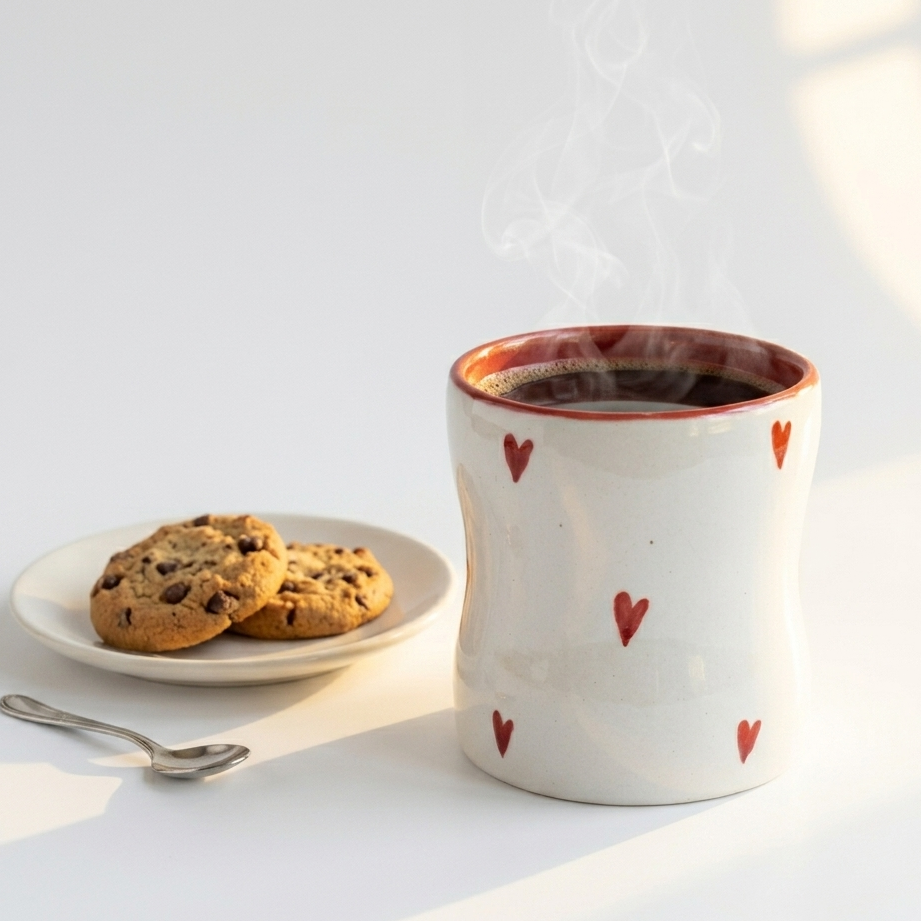 Handcrafted Ceramic Coffee Tumbler with Red Hearts