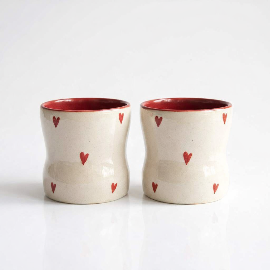 Handcrafted Ceramic Coffee Tumbler with Red Hearts