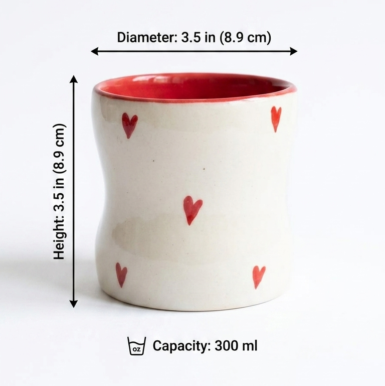 Handcrafted Ceramic Coffee Tumbler with Red Hearts