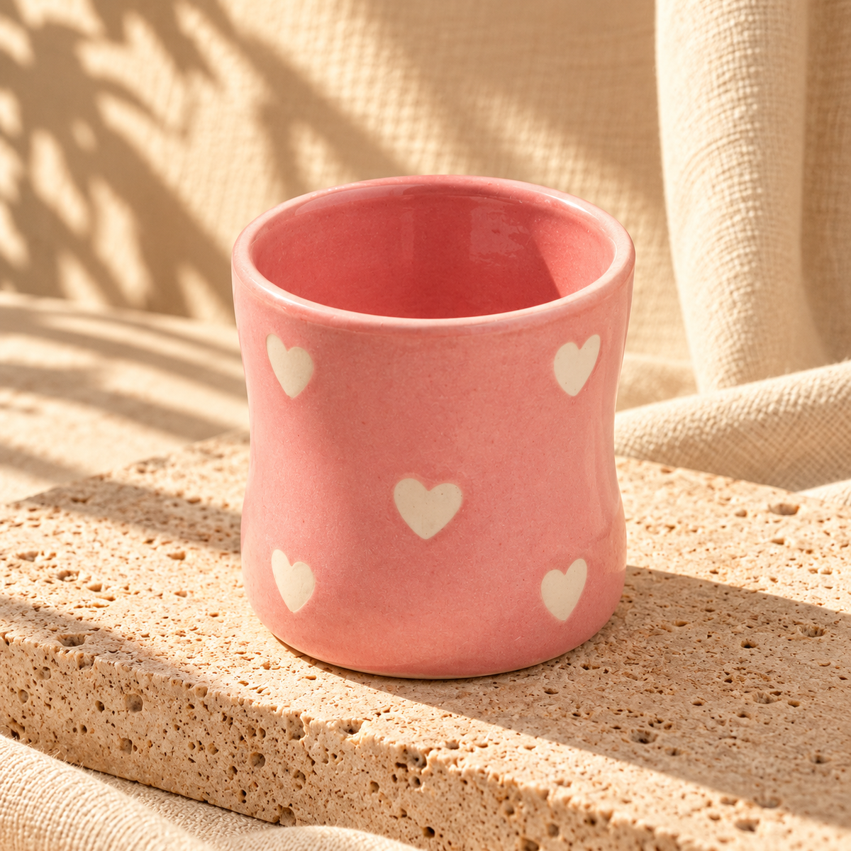 Glossy Pink Handmade Ceramic Coffee Tumbler with Hearts