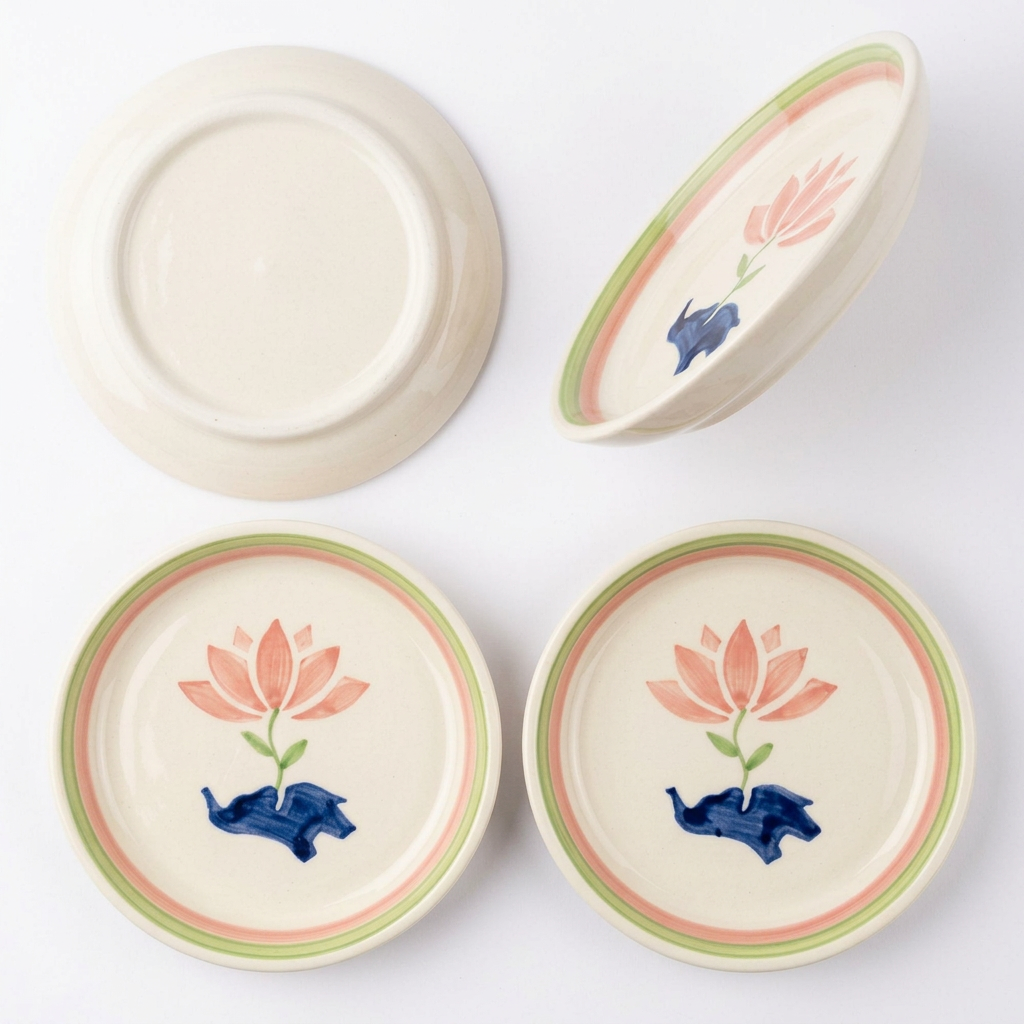 Lucky Lotus Handpainted Ceramic Tapas Plate Set of 4