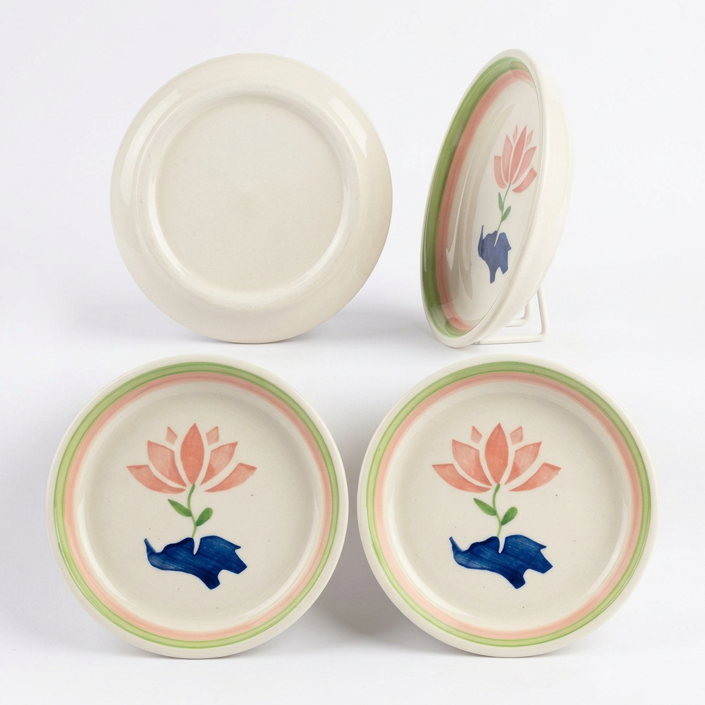 Lucky Lotus Handpainted Ceramic Tapas Plate Set of 4