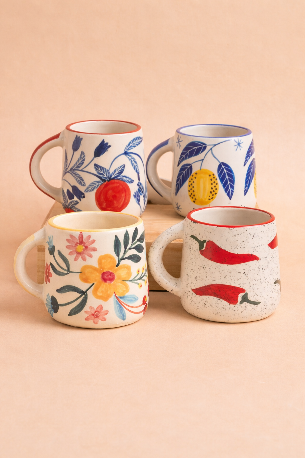 Lemon Anaar Mirchi Floral Mug Combo Set of 4