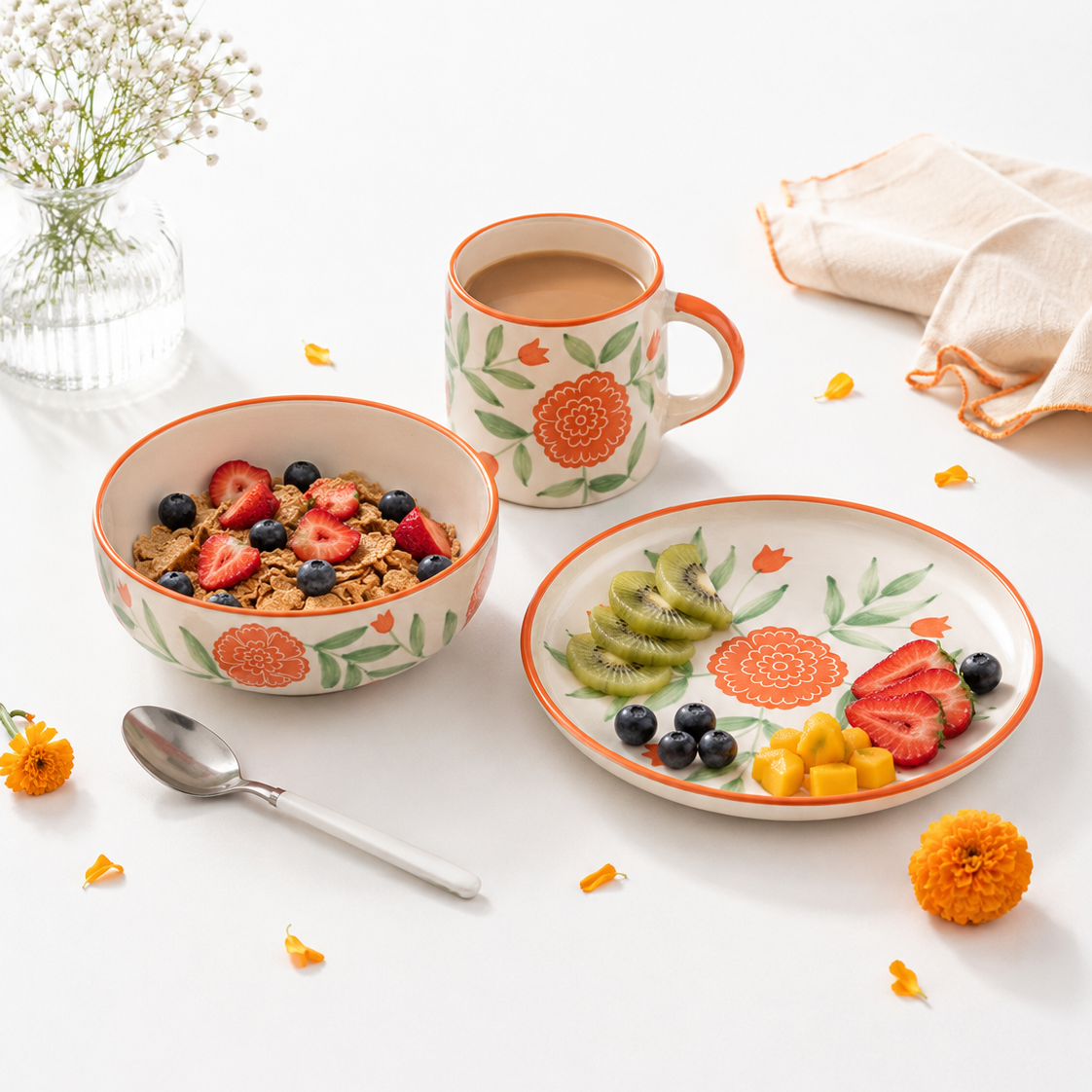 Marigold Mandi Handpainted Ceramic Breakfast Set of 3