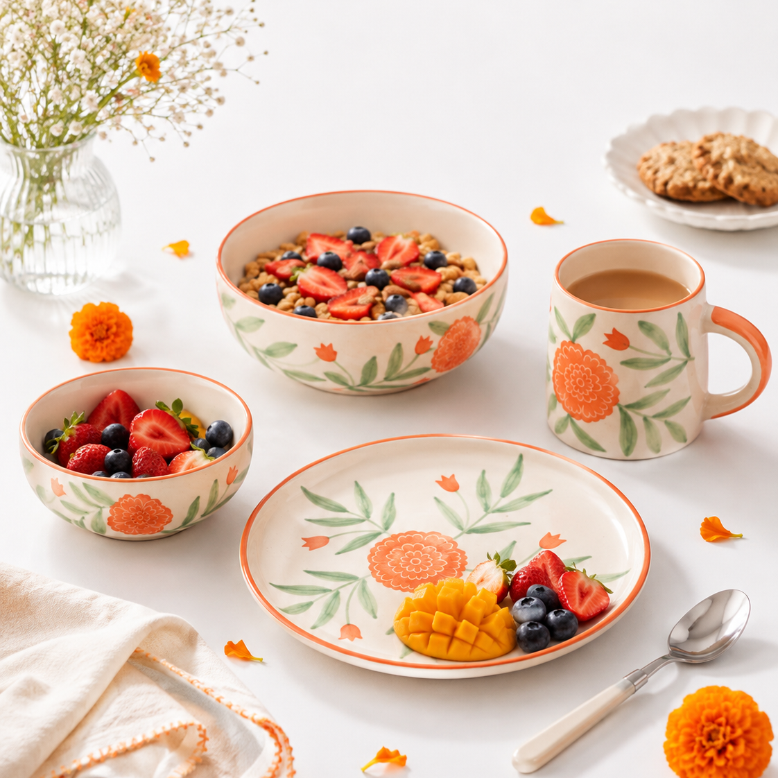 Marigold Mandi Handpainted Ceramic Breakfast Set of 4