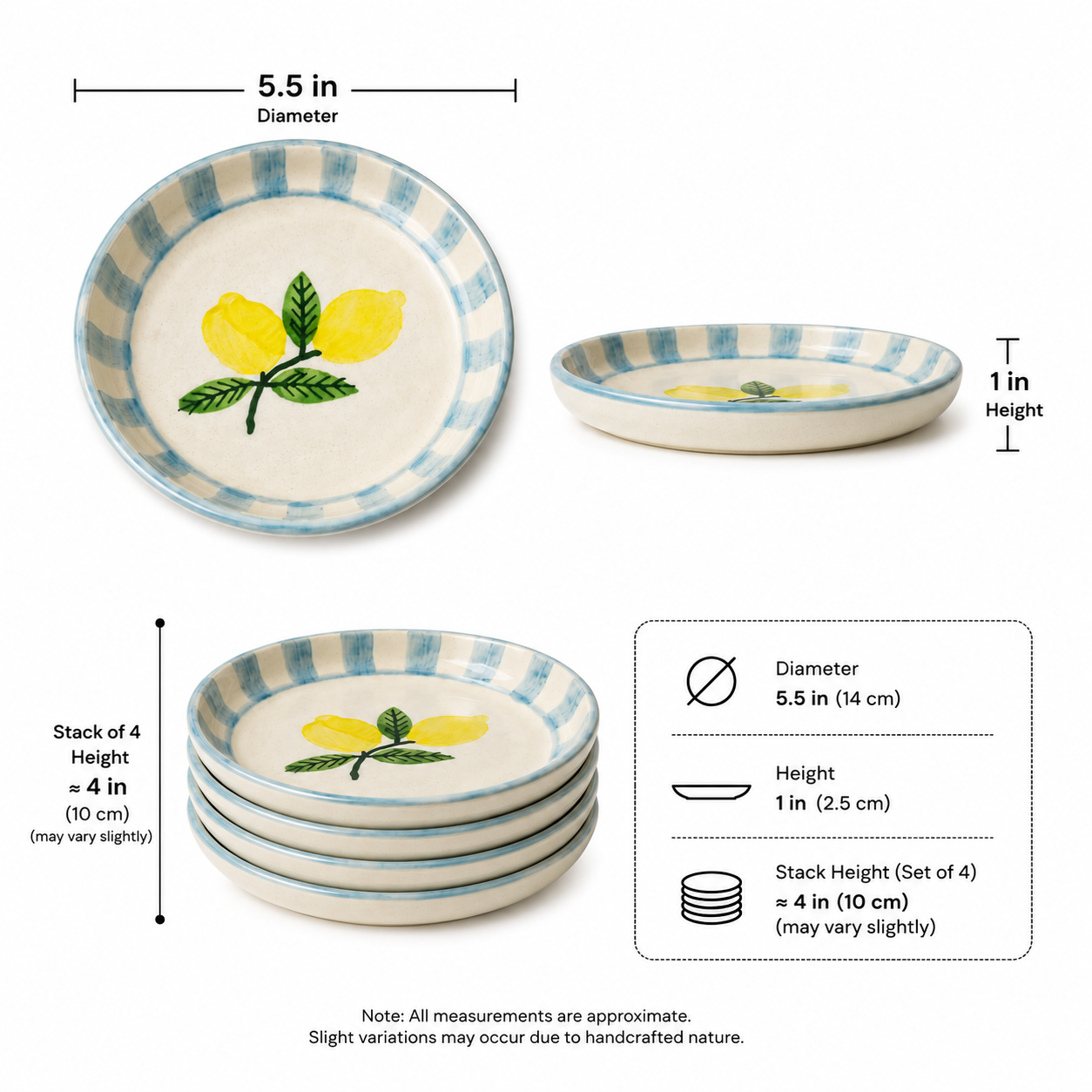 Lemon Stripe Elegance Ceramic Tapas Set of 4 (5.5 Inches)