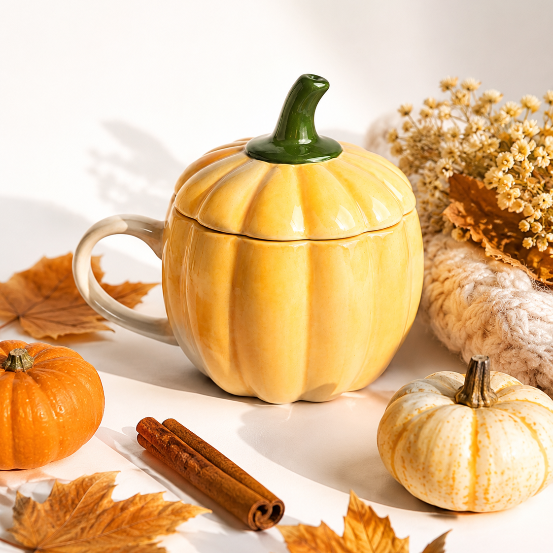 Yellow pumpkin-shaped mug with a green lid on a white background with pumpkins and leaves.