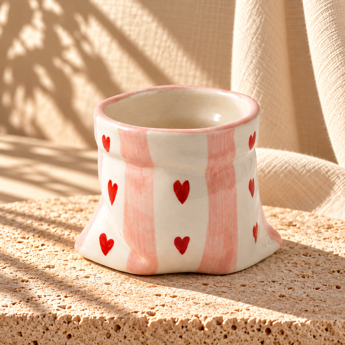 Pouch Shape White Ceramic Tumbler With Hearts (300 ml )