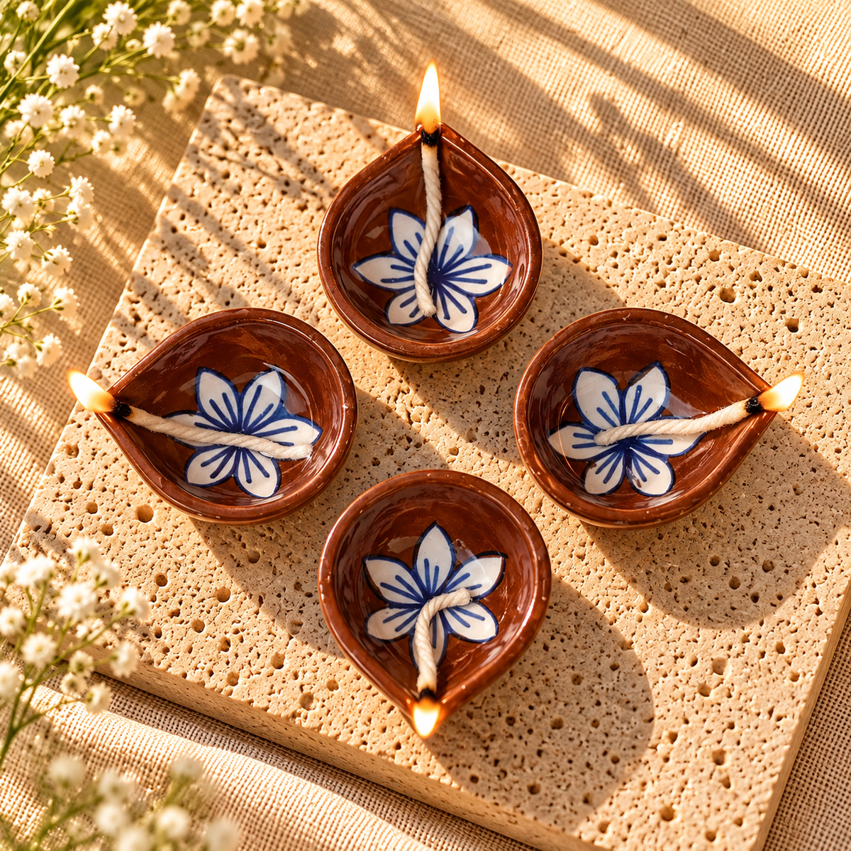 Terracotta Bloom Ceramic Diya's Set of 4